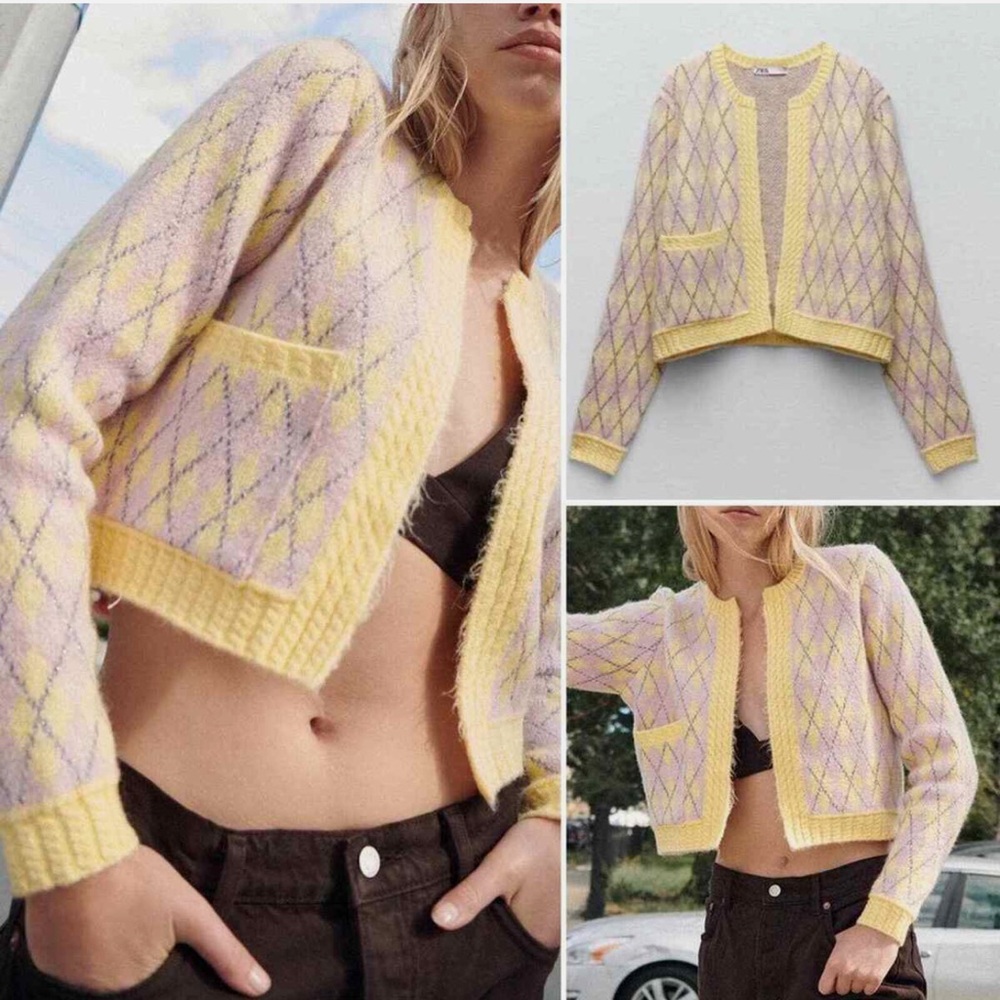Zara yellow and purple argyle cardigan- Size L